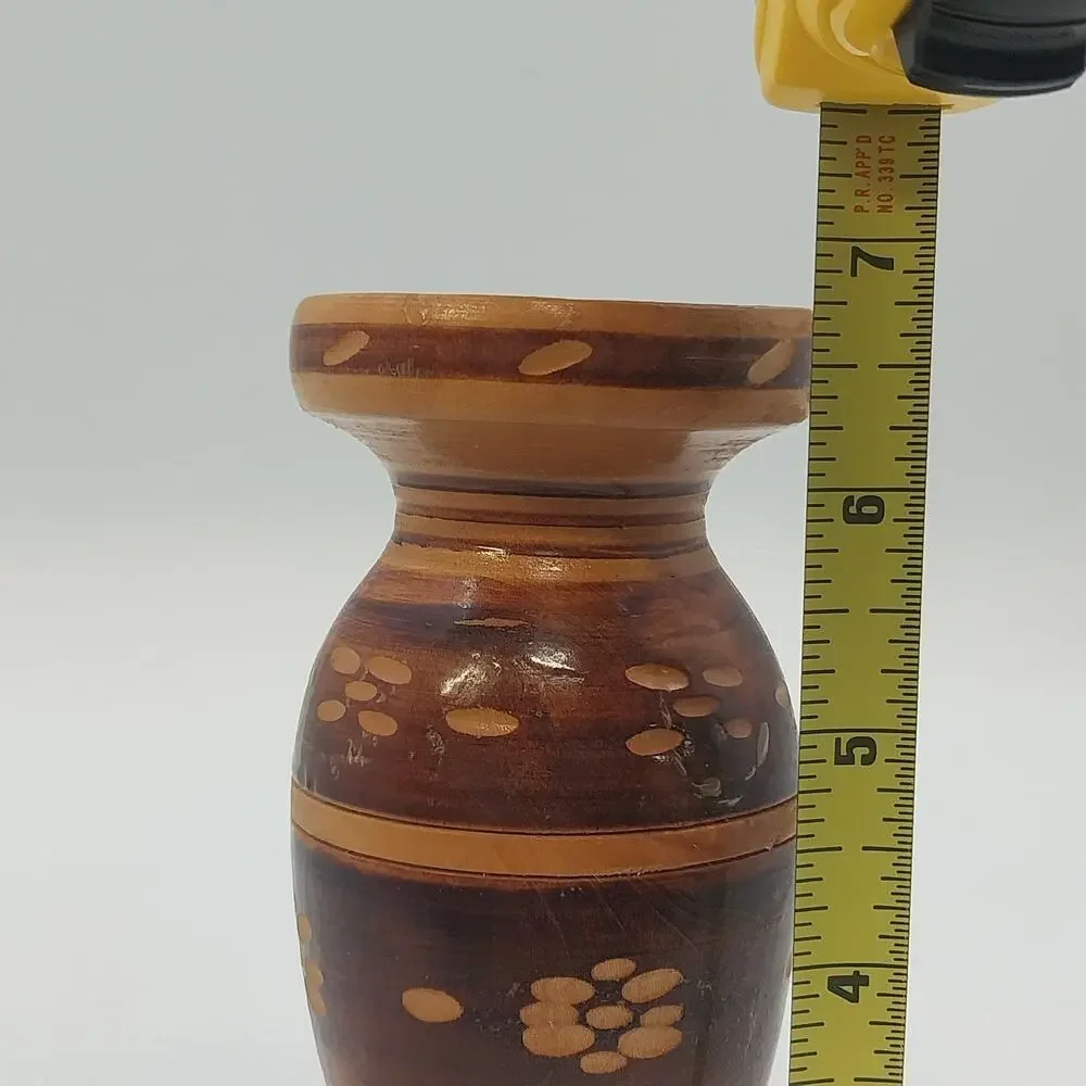 Hand Crafted Wooden Bud Vase Brown Carved Detailed Inlay Folk Art 6.9